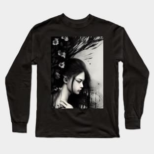 Sad girl, gothic style ink art Long Sleeve T-Shirt